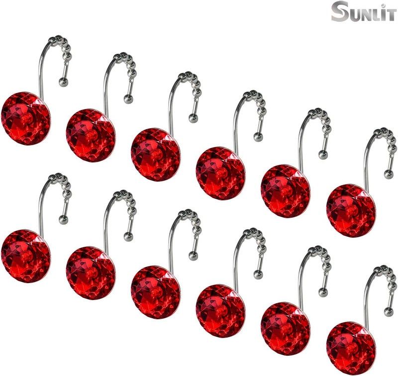 Sunlit Luxury Design Round Red Diamond Crystal Gem Bling with Glide Balls Shower Curtain Hooks, Rust Proof Metal Rhinestones Glam Shower Curtain Rings-12 Pack - Image 3