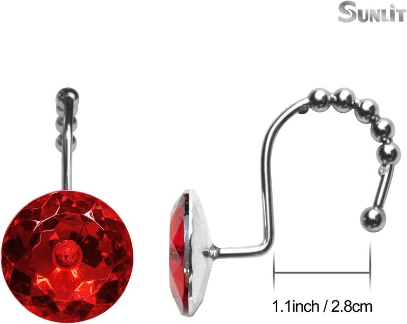 Sunlit Luxury Design Round Red Diamond Crystal Gem Bling with Glide Balls Shower Curtain Hooks, Rust Proof Metal Rhinestones Glam Shower Curtain Rings-12 Pack - Image 2