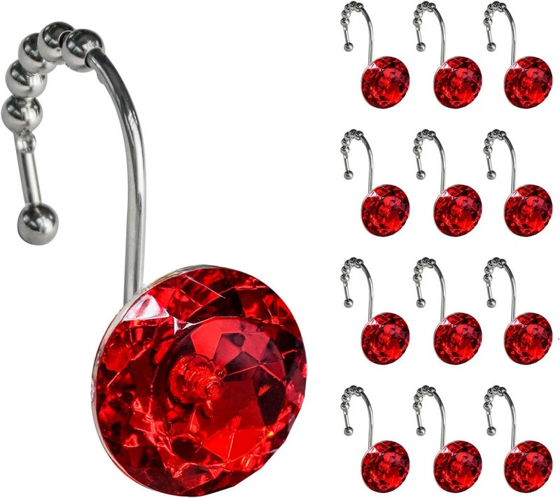 Sunlit Luxury Design Round Red Diamond Crystal Gem Bling with Glide Balls Shower Curtain Hooks, Rust Proof Metal Rhinestones Glam Shower Curtain Rings-12 Pack - Image 1