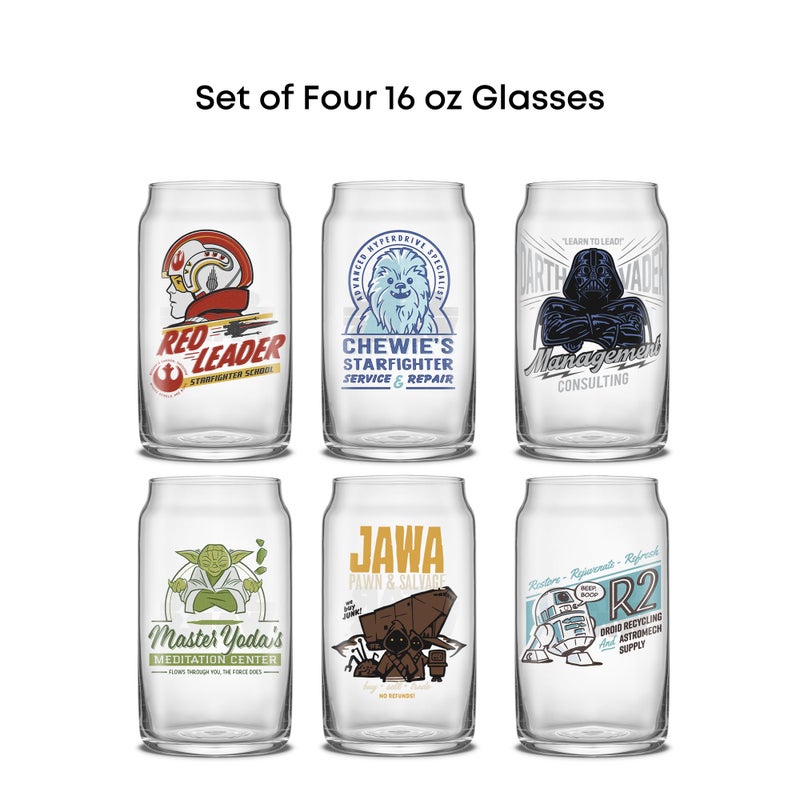 JoyJolt Star Wars Retro Vintage Collection 16.9oz Glass Tumblers - Featuring Darth Vader, R2D2, Yoda, Chewbacca, Red Leader, Jawa - Original Trilogy Drinkware, Set of 6 with Glass Straws - Image 4
