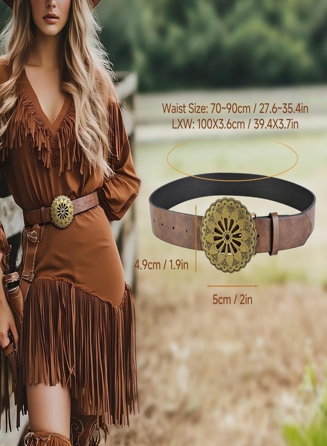 Ayliss Women Wide Disc Belt Vintage PU Leather Wide Waistband Dics Belt Western Vintage Metal Buckle Retro Brown Cowgirl (Brown) - Image 2