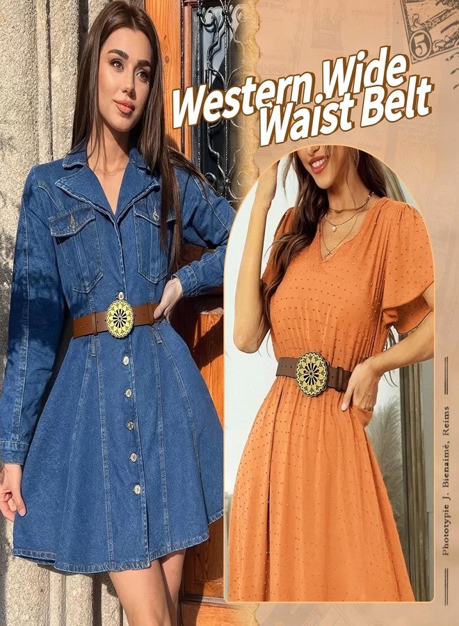 Ayliss Women Wide Disc Belt Vintage PU Leather Wide Waistband Dics Belt Western Vintage Metal Buckle Retro Brown Cowgirl (Brown) - Image 3