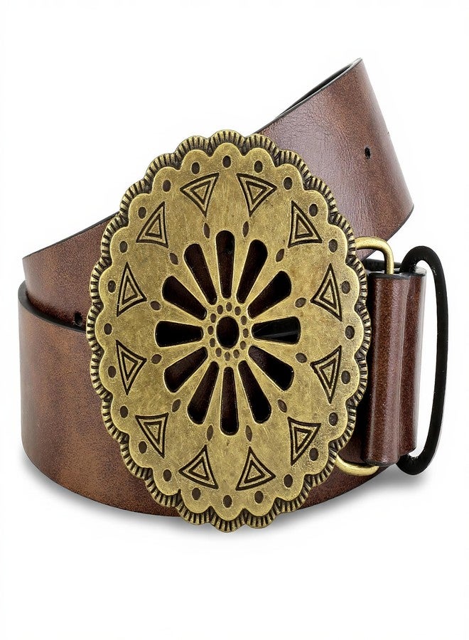 Ayliss Women Wide Disc Belt Vintage PU Leather Wide Waistband Dics Belt Western Vintage Metal Buckle Retro Brown Cowgirl (Brown) - Image 1