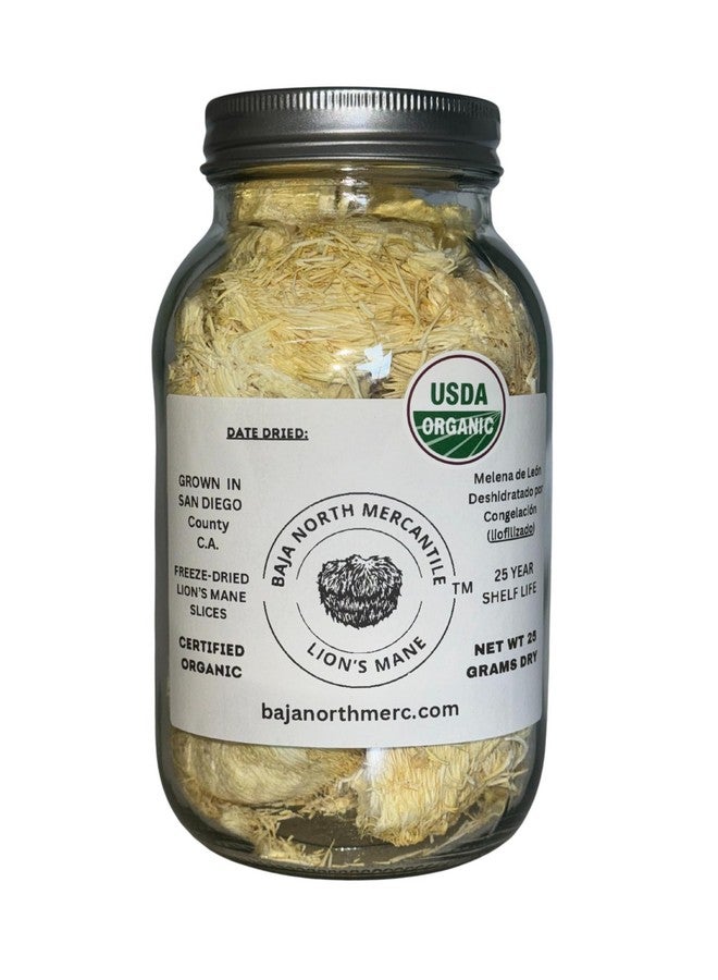 Freeze-Dried Lion's Mane Mushroom fruiting bodies Slices. Real Deal Large 25 Gram Jar. Great for tea or powder. Can be rehydrated and cooked or used as a herbal supplement. USDA organic. Excellent for Stamets Stack. No Refrigeration Required - Image 1