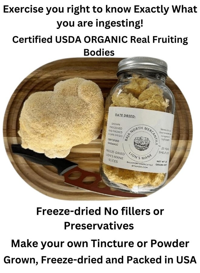 Freeze-Dried Lion's Mane Mushroom fruiting bodies Slices. Real Deal Large 25 Gram Jar. Great for tea or powder. Can be rehydrated and cooked or used as a herbal supplement. USDA organic. Excellent for Stamets Stack. No Refrigeration Required - Image 2