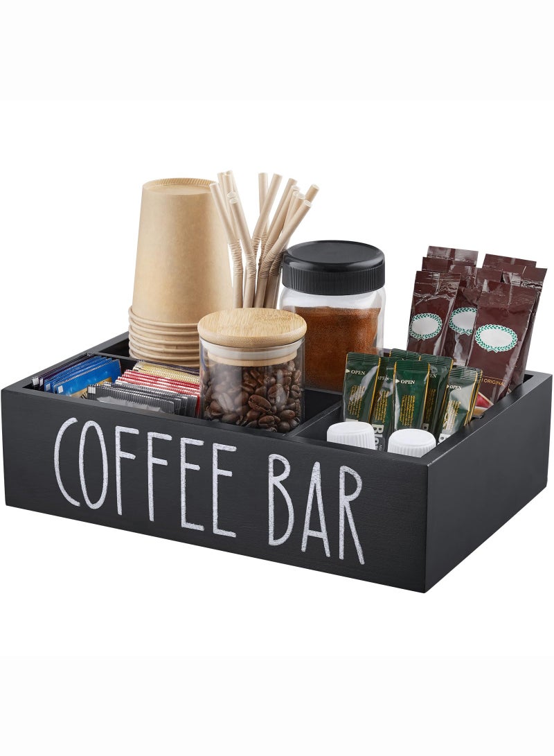 موندا منظم محطة القهوة مع فواصل قابلة للإزالة - منظم ملحقات بار خشبي لسطح العمل - سلة حامل كبسولات شاي السكر - ديكور طاولة أسود - Image 1