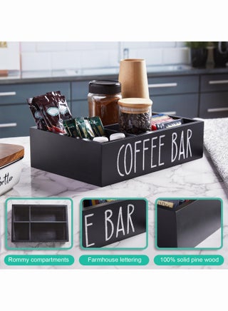 Coffee Station Organizer with Removable Dividers - Wood Bar Accessories Organizer for Countertop - Pod Holder Basket for Sugar Tea - Black Table Decor - view 5