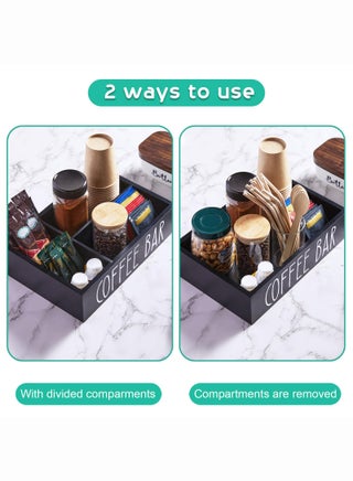 Coffee Station Organizer with Removable Dividers - Wood Bar Accessories Organizer for Countertop - Pod Holder Basket for Sugar Tea - Black Table Decor - view 2