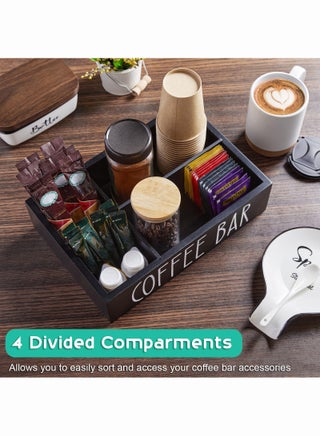 Coffee Station Organizer with Removable Dividers - Wood Bar Accessories Organizer for Countertop - Pod Holder Basket for Sugar Tea - Black Table Decor - view 3