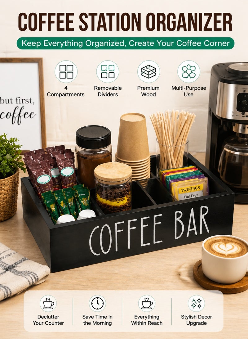 Monda Coffee Station Organizer with Removable Dividers – Wooden Countertop Coffee Bar Storage Box for K-Cups, Tea Bags, Sugar Packets – Kitchen & Office Coffee Station Decor - Image 1