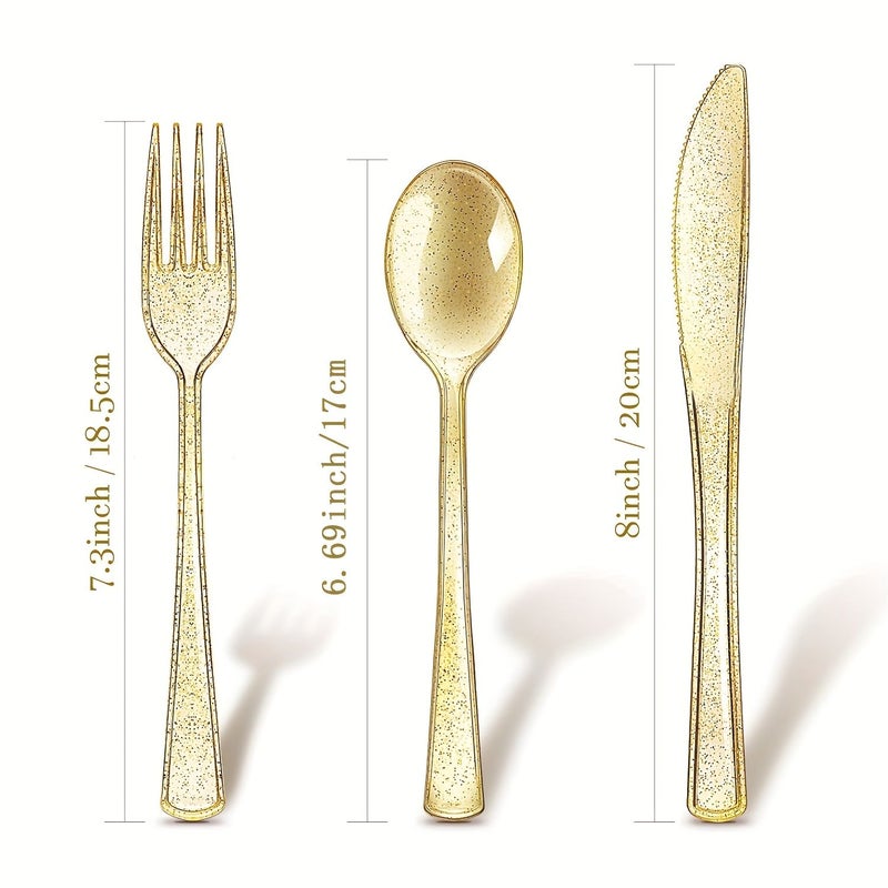 30 Pcs Crystal Clear Golden Glitter Cutlery Set Including 10 Knives 10 Forks And 10 Spoons Washable Reusable Kitchen Utensils Suitable For Dinner Plate Table Service Dishes Desserts Cakes Dinners - Image 3