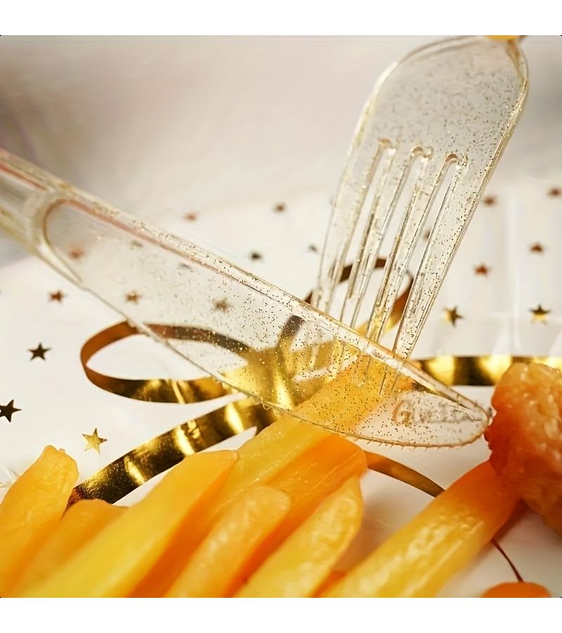 30 Pcs Crystal Clear Golden Glitter Cutlery Set Including 10 Knives 10 Forks And 10 Spoons Washable Reusable Kitchen Utensils Suitable For Dinner Plate Table Service Dishes Desserts Cakes Dinners - Image 4