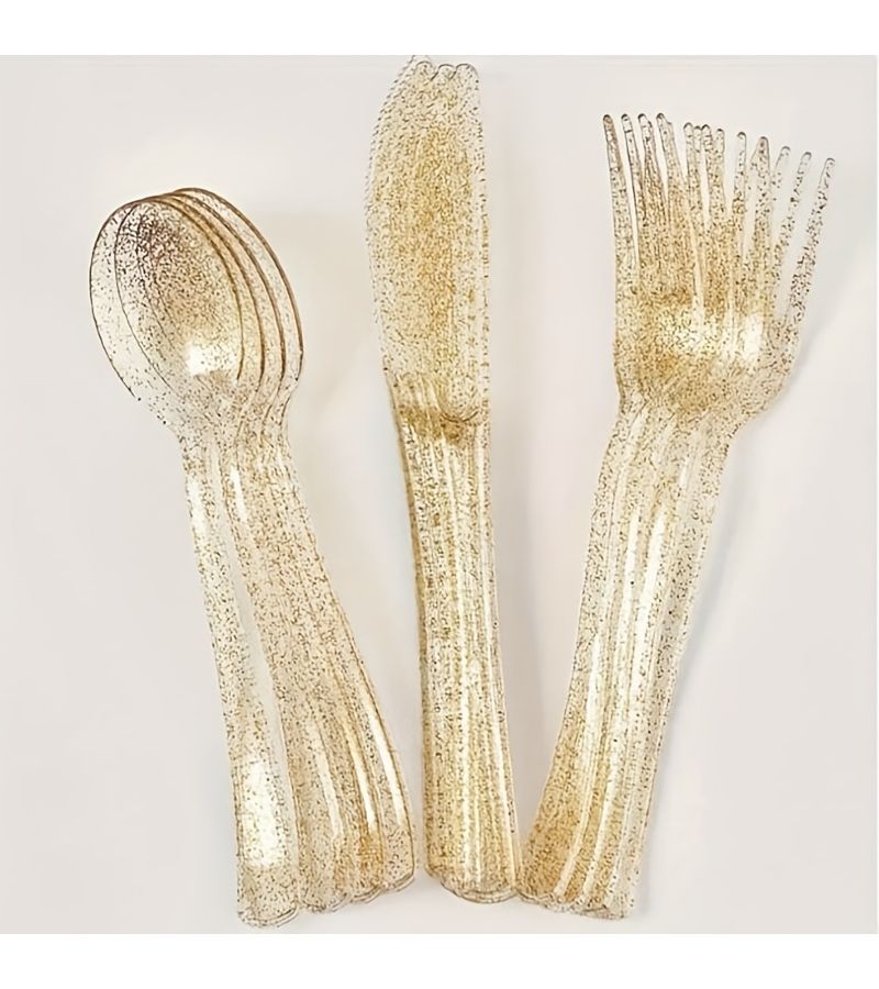 30 Pcs Crystal Clear Golden Glitter Cutlery Set Including 10 Knives 10 Forks And 10 Spoons Washable Reusable Kitchen Utensils Suitable For Dinner Plate Table Service Dishes Desserts Cakes Dinners - Image 1