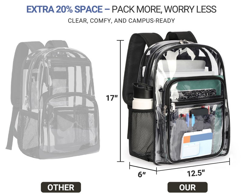 ZORFIN Clear Backpack Heavy Duty for School Ã¢â‚¬â€œ 17in Transparent PVC Bag with Large Capacity & Reinforced Straps for Men, Women, Boys & Girls - See Through Bookbag for College Workplace Security, Black - Image 4