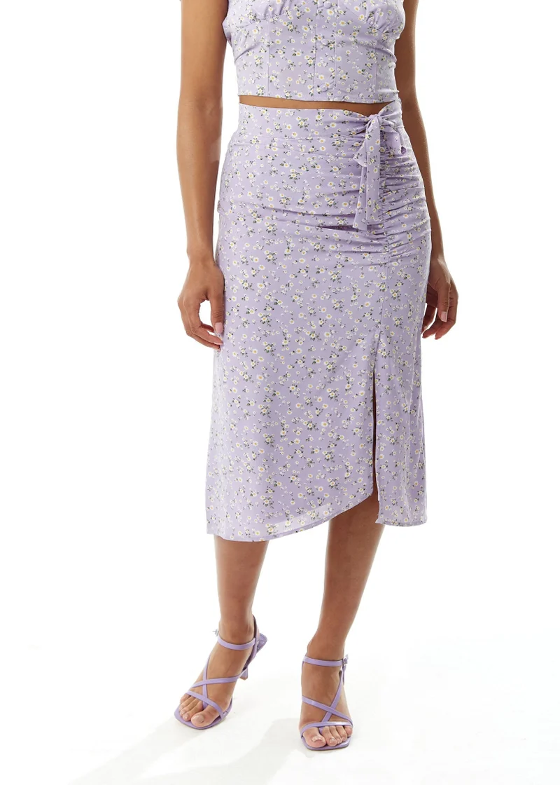 Liquorish Floral Midi Skirt in Lilac