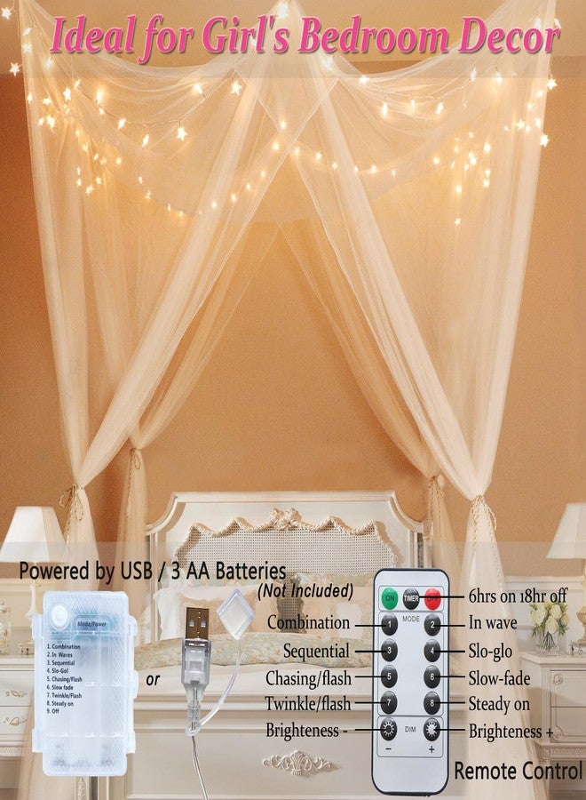 Obrecis White Bed Canopy with Lights for Girls Bedroom Decor, 8 Corner Princess Canopy Bed Curtains with Warm White LED Star String Lights Remote Control Canopy for Bed Twin Full Queen King Size Bed - Image 2