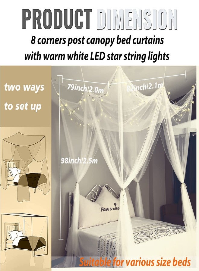 Obrecis White Bed Canopy with Lights for Girls Bedroom Decor, 8 Corner Princess Canopy Bed Curtains with Warm White LED Star String Lights Remote Control Canopy for Bed Twin Full Queen King Size Bed - Image 5