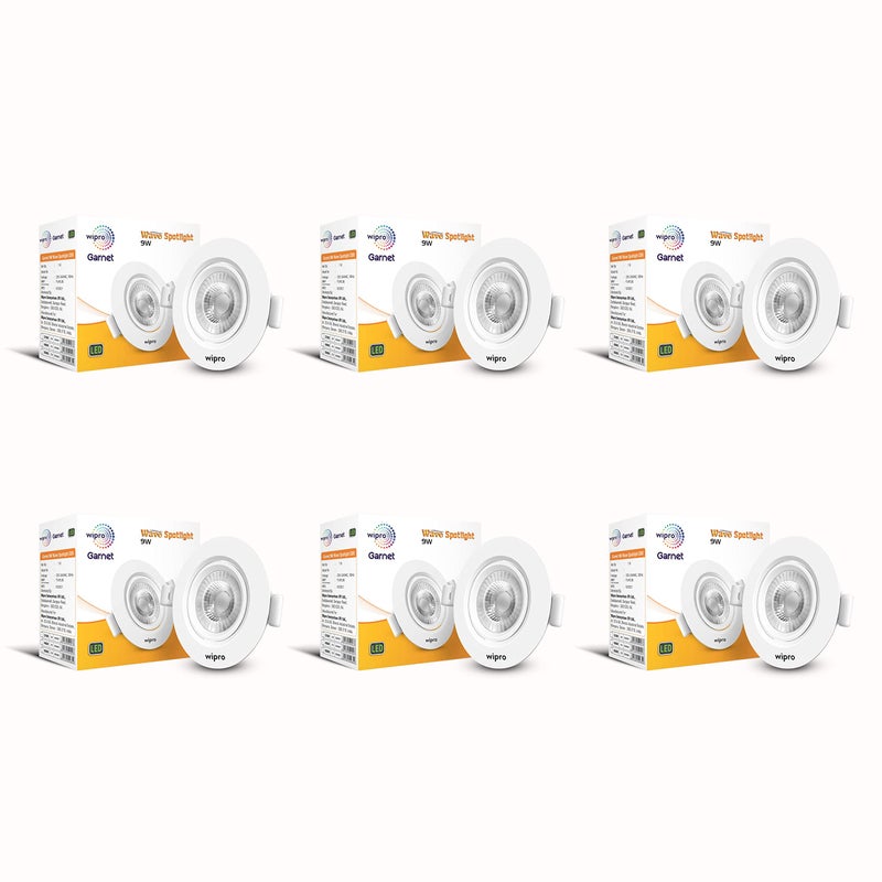 Wipro Garnet 9W Round LED Wave Spotlight |COB Spotlight for Ceiling|Neutral White Light (4000K) | Adjustable Design | Recessed Tiltable Downlighter for False Ceiling | Cutout - 100 mm | Pack of 6 - Image 5