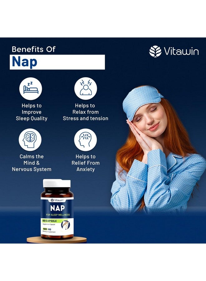 VitaWin Nap For Sleep Wellness & Stress Relief, Natural Herbal, 500 mg, Veg - 60 Capsules, Nutrition supplement - Image 5