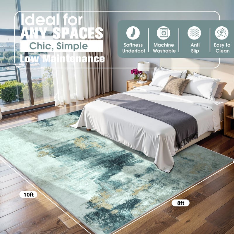 Aelenmu 8x10 Area Rugs for Living Room Rug Washable: Abstract Large Rug for Dining Room Bedroom Carpet Non Slip 8 by 10 Indoor Modern Nursery Home Office Teal Grey Gold - Image 2