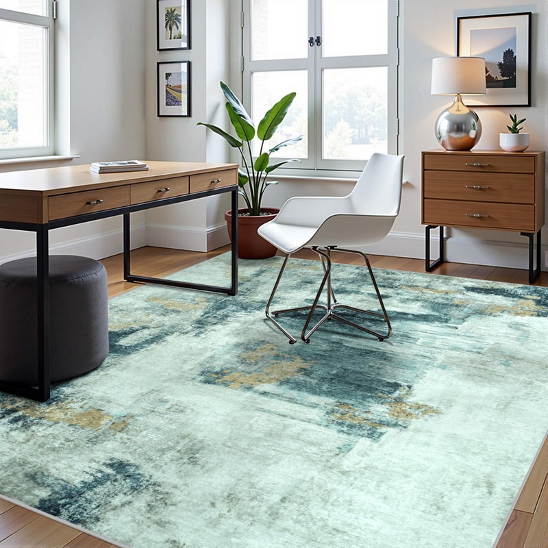 Aelenmu 8x10 Area Rugs for Living Room Rug Washable: Abstract Large Rug for Dining Room Bedroom Carpet Non Slip 8 by 10 Indoor Modern Nursery Home Office Teal Grey Gold - Image 3