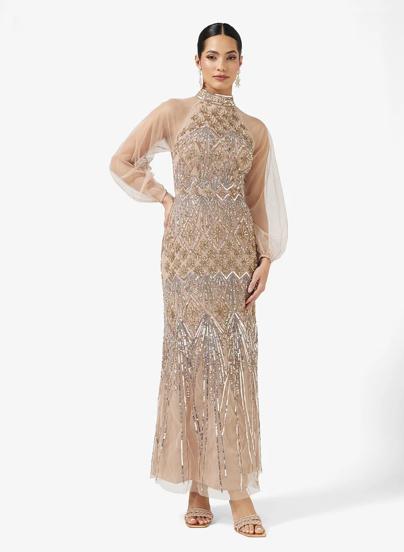 Maya Embellished Detail Backless High Neck Maxi Dress
