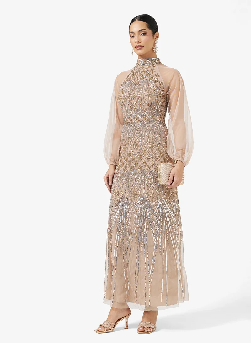 مايا Embellished Detail Backless High Neck Maxi Dress