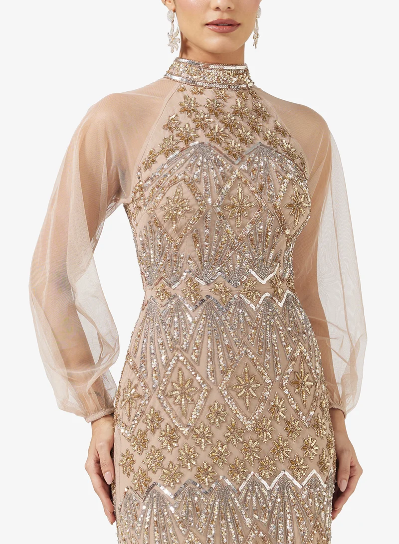 Maya Embellished Detail Backless High Neck Maxi Dress