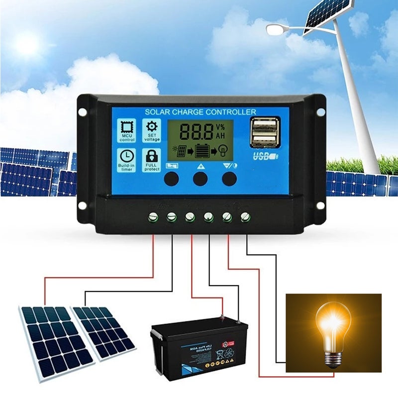 Solar Charge Controller 12V/24V: Industrial-grade Chip, 3-stage PWM Charging - Large LCD Display, Dual USB Ports, Multi-protection Blue Solar Controller for Solar Power Systems, Smart Homes, Caravans - Image 2