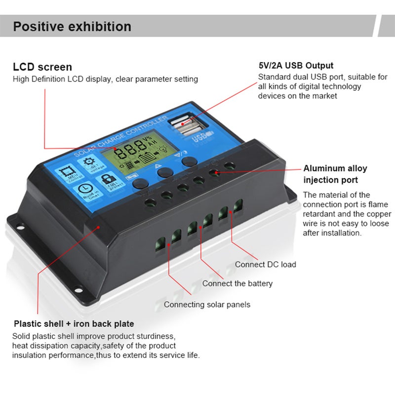 Solar Charge Controller 12V/24V: Industrial-grade Chip, 3-stage PWM Charging - Large LCD Display, Dual USB Ports, Multi-protection Blue Solar Controller for Solar Power Systems, Smart Homes, Caravans - Image 5