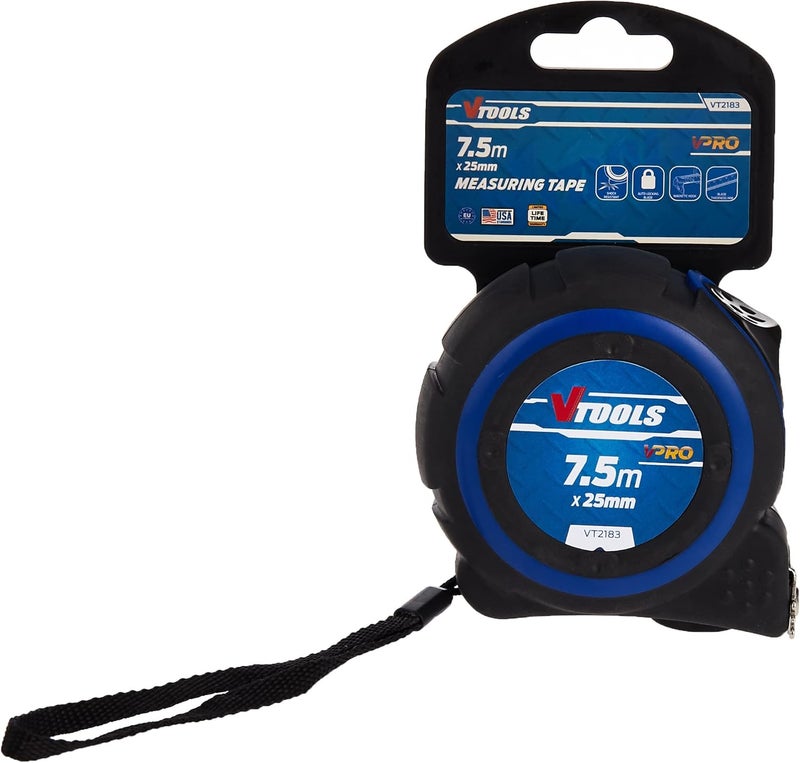 في تولز شريط قياس 7.5 متر، سمك الشفرة 1 مم، شريط قياس ذاتي القفل، سهل القراءة، خطاف بطرف مغناطيسي وحافظة ماصة للصدمات، Vt2183 - Image 2