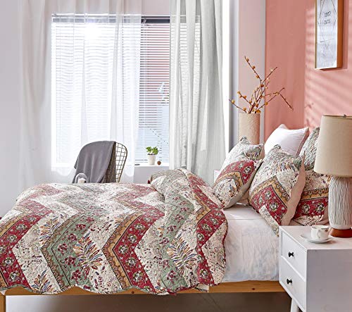 DaDa Bedding Bohemian Quilted Floral Bedspread Set - Rustic Cranberry Red Sage Green Chevron Paisley Filigree Lightweight Coverlet - Scalloped Edges Colorful Orange & Ivory White - Full - 3-Pieces - Image 4