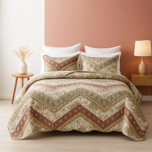 DaDa Bedding Bohemian Quilted Floral Bedspread Set - Rustic Cranberry Red Sage Green Chevron Paisley Filigree Lightweight Coverlet - Scalloped Edges Colorful Orange & Ivory White - Full - 3-Pieces - Image 1