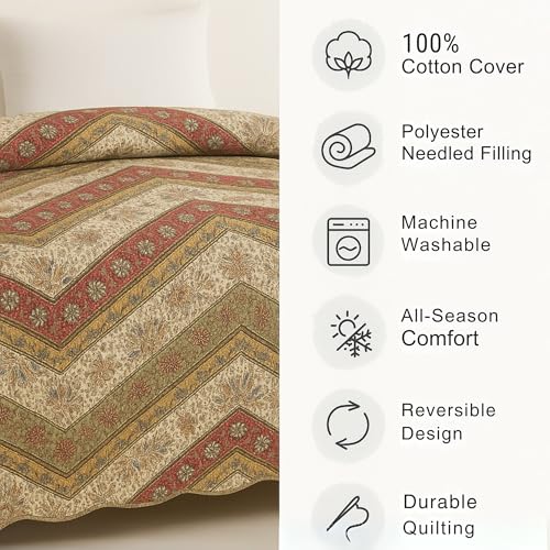 DaDa Bedding Bohemian Quilted Floral Bedspread Set - Rustic Cranberry Red Sage Green Chevron Paisley Filigree Lightweight Coverlet - Scalloped Edges Colorful Orange & Ivory White - Full - 3-Pieces - Image 2