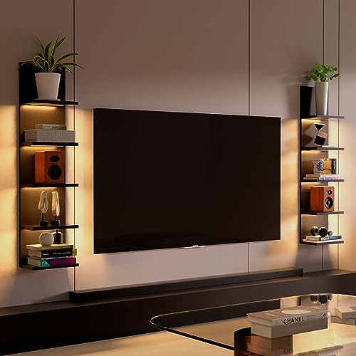 Homaterial 5 Tier Wall Shelf Unit, Black Modern Vertical Lack Wall Shelves with Light, Wall Mount, Floating Column Home Decor Shelves for Bedroom, Living Room, Vanity Storage Display - Image 3