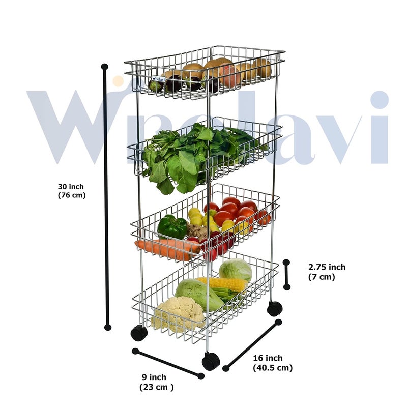 ZINBELL Wrolavi Stainless Steel Basket with Wheels for Vegetable Fruits Jars Container Storage Rack Design Organizer Stand for Kitchen 4 Shelf - Image 4