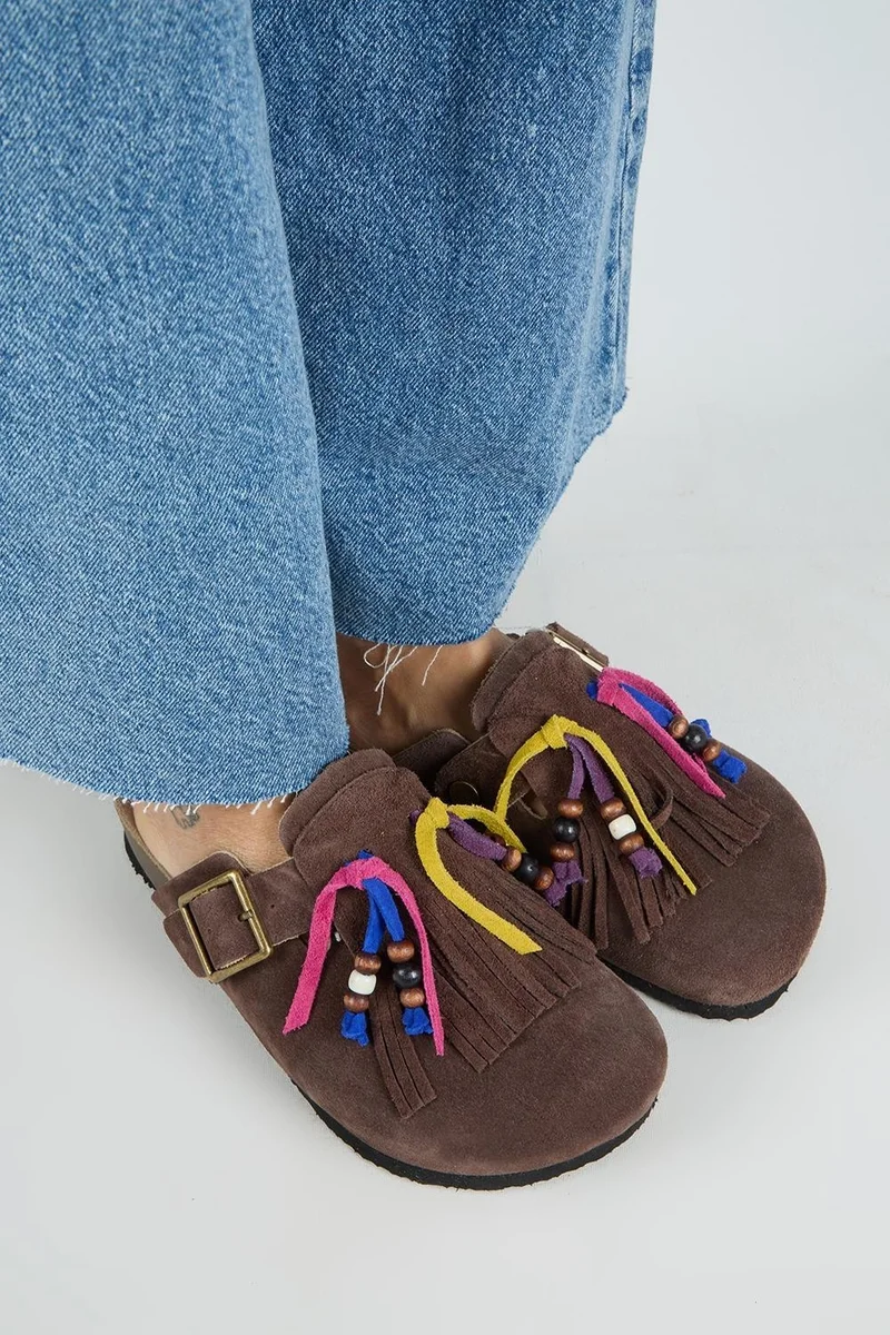 Manijero Manijero Poelman Women's Genuine Leather Tassel and Bead Detail Clogs in Brown