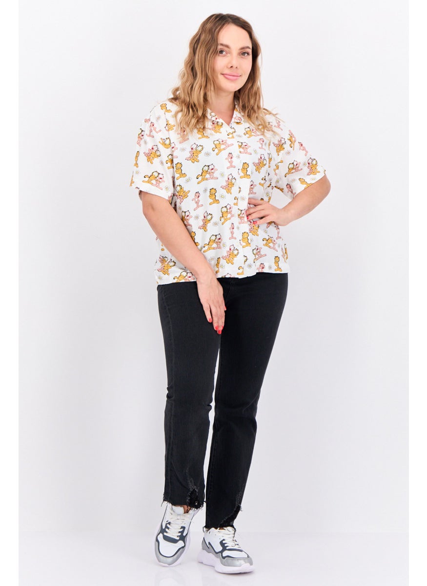 nickelodeon Women Notched Collar Short Sleeve Allover Print Blouse, White Combo  - Image 2