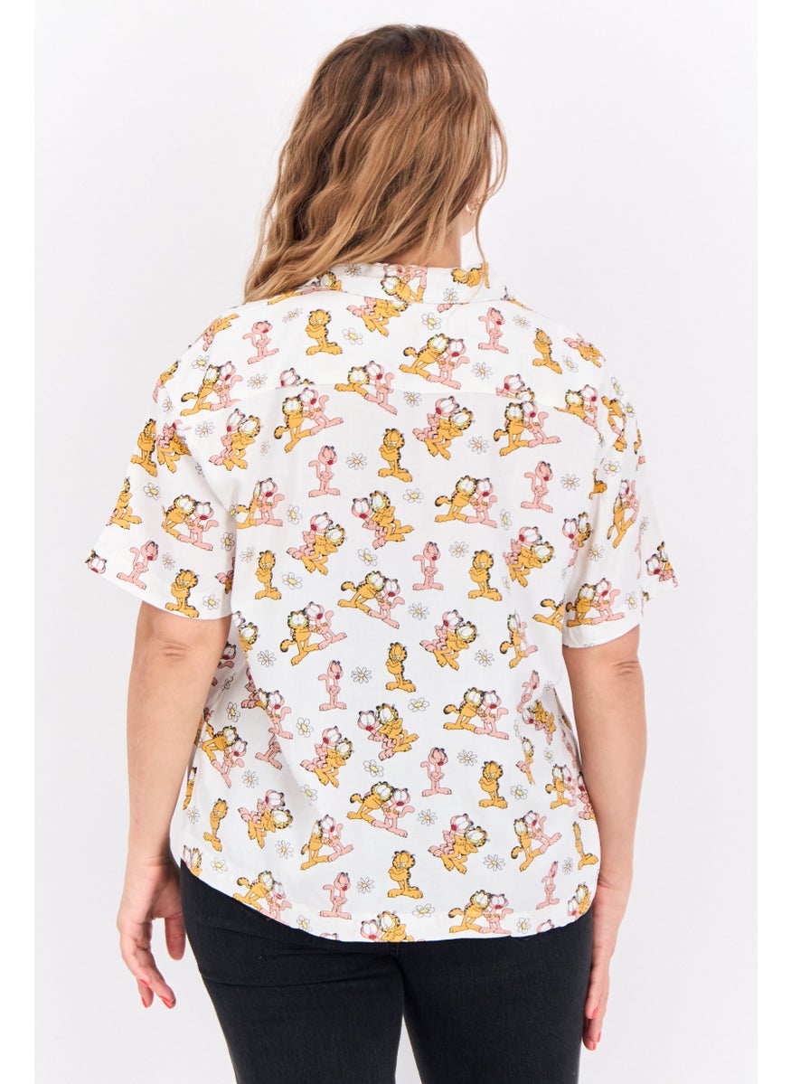 nickelodeon Women Notched Collar Short Sleeve Allover Print Blouse, White Combo  - Image 3