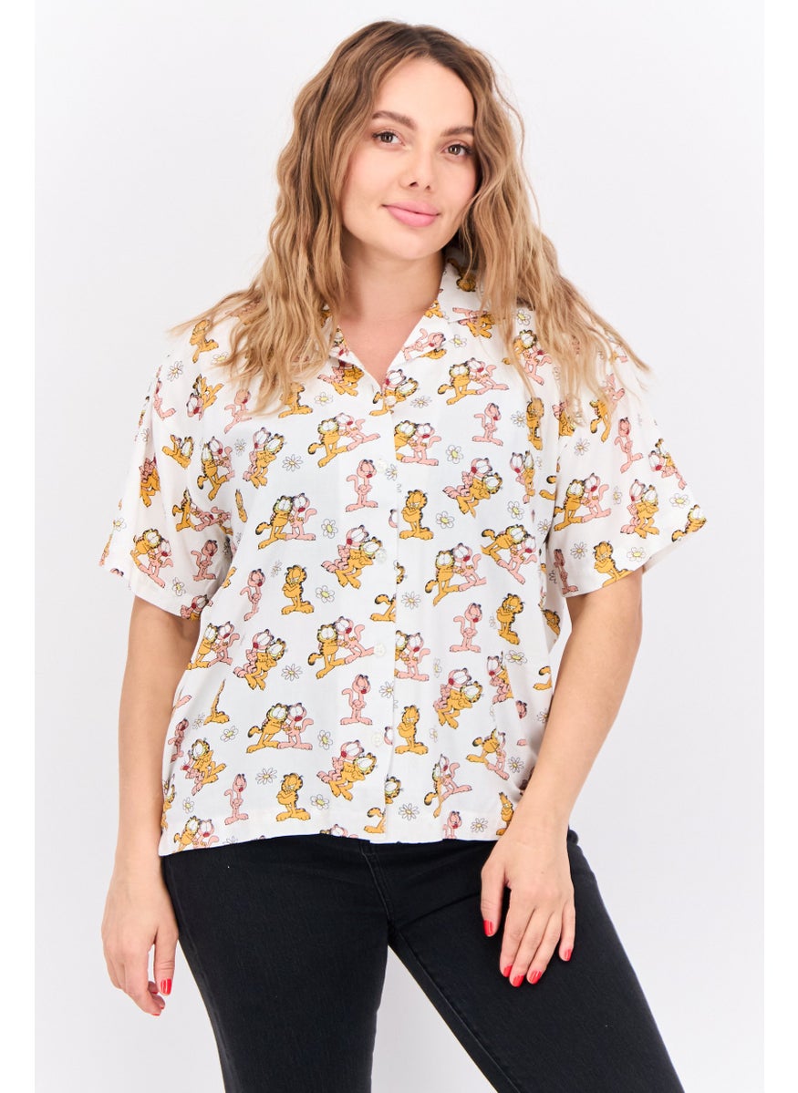 nickelodeon Women Notched Collar Short Sleeve Allover Print Blouse, White Combo  - Image 1
