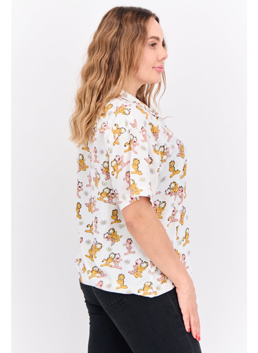 nickelodeon Women Notched Collar Short Sleeve Allover Print Blouse, White Combo  - Image 4