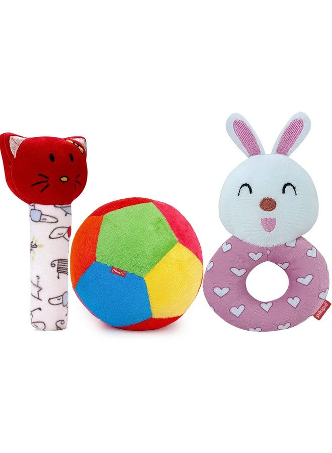 Pikipo Super Saver Soft Polyester Toy For Infant Combo(3-In-1): Kitty Rattle, Bunny Rattle, And 11Cm Ball, Red - Image 1