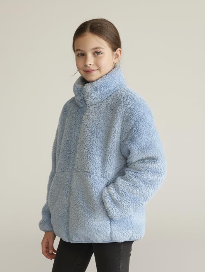 Alan Jones Clothing Girls Furry Fleece Full-Zip Jacket | Soft Fluffy Winter Wear | Cozy Warm Outerwear with Chin Guard & Easy Pull Zipper (Blue_6-7 Years) - Image 3