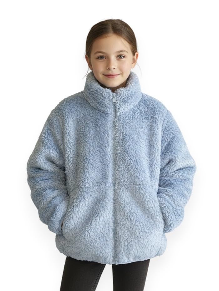 Alan Jones Clothing Girls Furry Fleece Full-Zip Jacket | Soft Fluffy Winter Wear | Cozy Warm Outerwear with Chin Guard & Easy Pull Zipper (Blue_6-7 Years) - Image 1