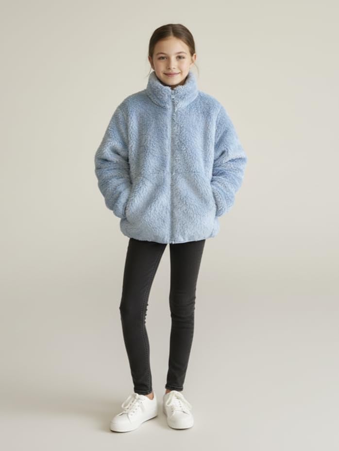 Alan Jones Clothing Girls Furry Fleece Full-Zip Jacket | Soft Fluffy Winter Wear | Cozy Warm Outerwear with Chin Guard & Easy Pull Zipper (Blue_6-7 Years) - Image 5