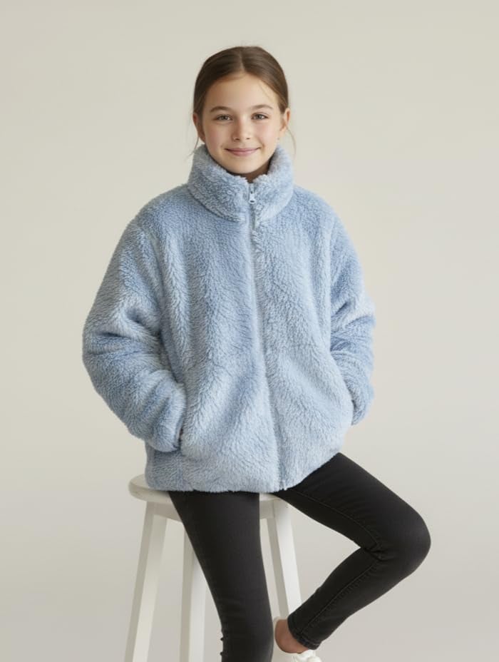 Alan Jones Clothing Girls Furry Fleece Full-Zip Jacket | Soft Fluffy Winter Wear | Cozy Warm Outerwear with Chin Guard & Easy Pull Zipper (Blue_6-7 Years) - Image 2