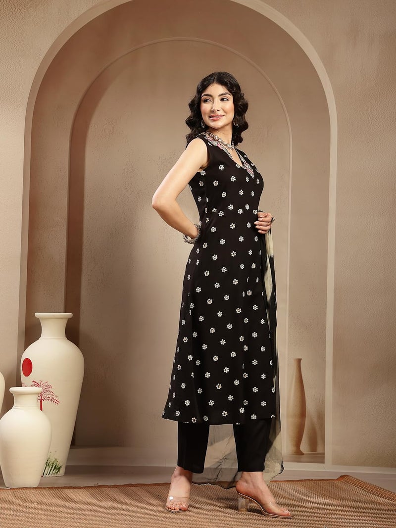 Stylum Women's Floral Printed & Embroidered Rayon A-Line Kurta With Dupatta - Image 3