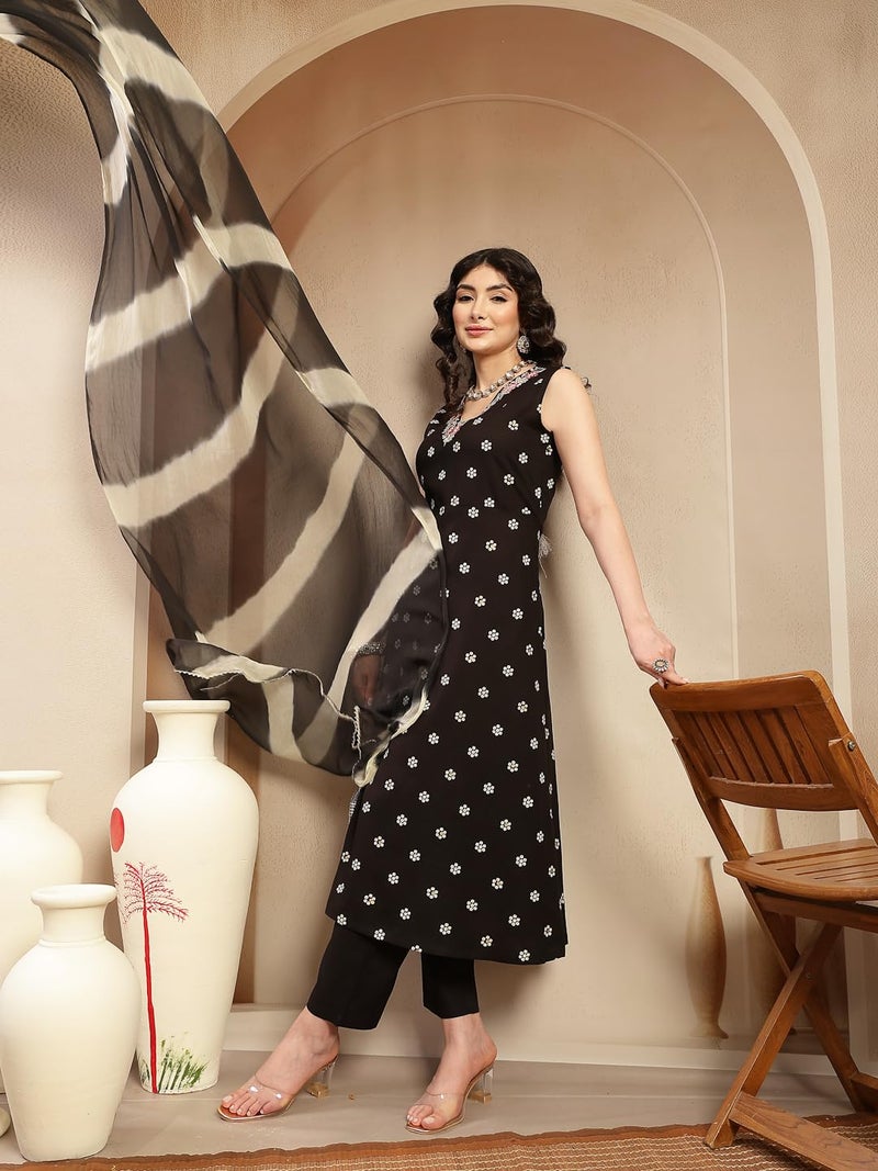 Stylum Women's Floral Printed & Embroidered Rayon A-Line Kurta With Dupatta - Image 5