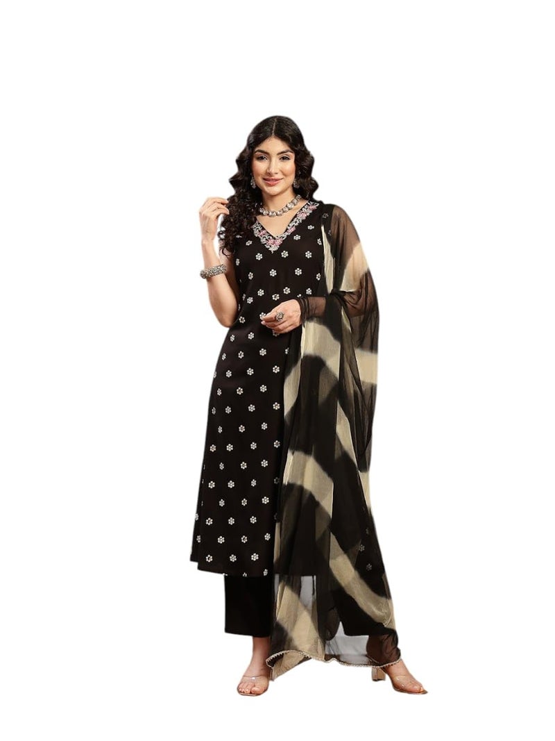 Stylum Women's Floral Printed & Embroidered Rayon A-Line Kurta With Dupatta - Image 1