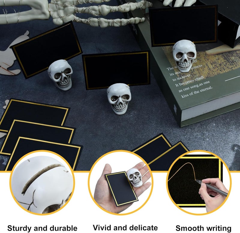 Waybas 12pcs Halloween Skull Place Card Holders with 24 Cards, Skeleton Table Number Name Card Holder Gothic Photo Stands Display Centerpieces Halloween Table Setting Decor for Scary Birthday Wedding Party - Image 4